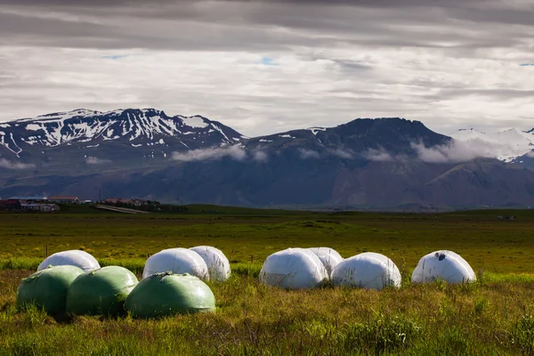 Valley in the mountains with the assembled hay — Stock Photo, Image