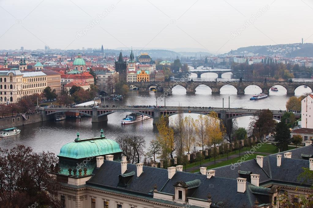 View of Prague, the bridges over the Vltava