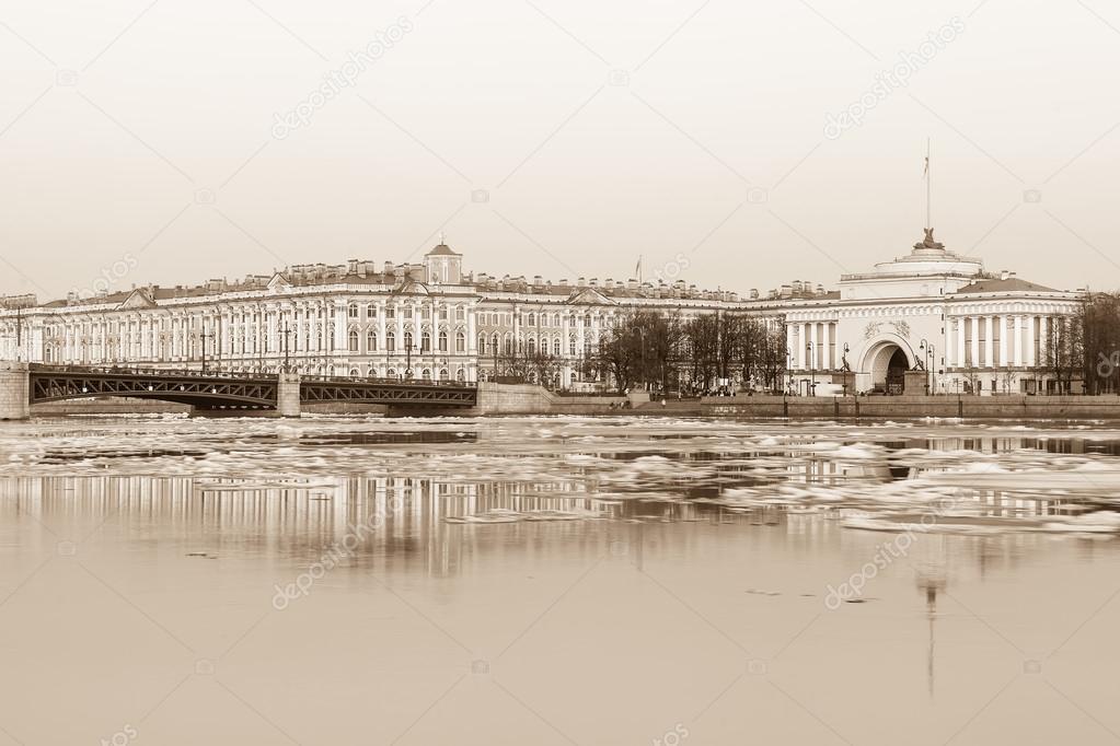 Hermitage, Palace bridge and Admiralty building in St. Petersbur