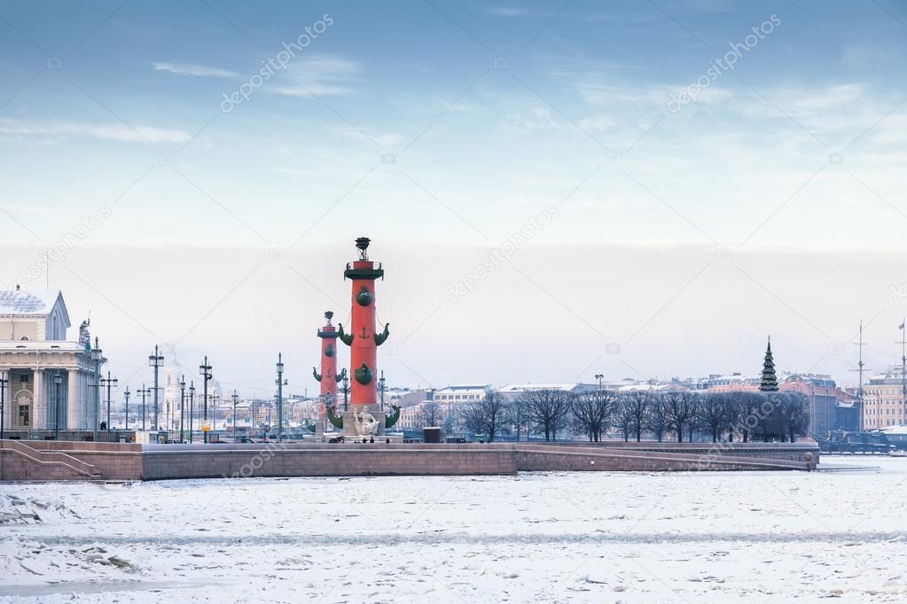 The Spit of Vasilyevsky Island in St. Petersburg in winter