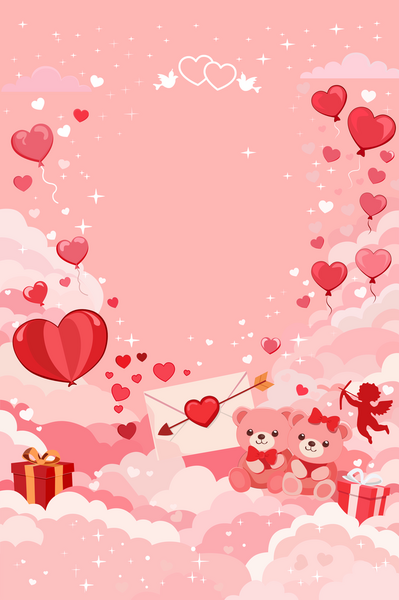 Tatlı oyuncak ayılar, kalp şeklinde balonlar, aşk mektupları ve yumuşak bulutlarda aşk tanrısı içeren romantik bir pembe vektör arka planı. Sevgililer Günü kartları, posterler ve romantik davetiyeler için mükemmel..