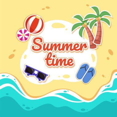 Hot summer time season vacations on the beach next to tropical palm trees. Travel seaside watch the blue water enjoy the sun, relax and happy.