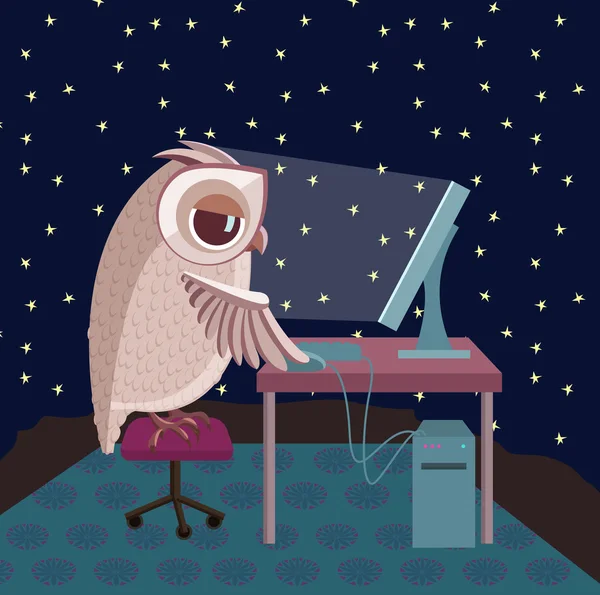 Hibou travaillant sur l'ordinateur . — Image vectorielle