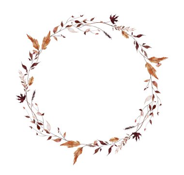 Sonbahar suluboya çelenk çerçevesi. Turuncu, bej, bordo akçaağaç yaprakları, vahşi kahverengi dallar ve dikenler. El çizimi tarzı illüstrasyon. Suluboya sanatsal şablon tasarımı.