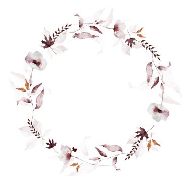 Suluboya sonbahar çiçekli yuvarlak çelenk çerçevesi. Pembe, bordo, gri, kırmızı gelincik çiçekleri, yapraklar, vahşi dallar, dallar suluboya sanatsal şablon tasarımı.