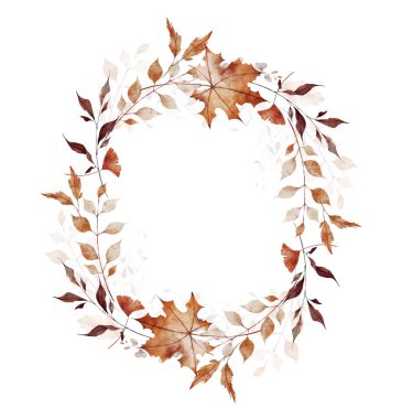 Sonbahar suluboya çelenk oval çerçevesi. Turuncu, bej, bordo, pembe akçaağaç yaprakları, vahşi kahverengi dallar. El çizimi tarzı illüstrasyon. Suluboya sanatsal şablon tasarımı.