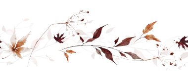 Suluboya sonbahar yatay, pürüzsüz sınır. Turuncu, kahverengi ve gri yapraklar, yabani dallar, dallar, çiçekler. El çizimi çizimi. Suluboya sanatsal şablon tasarımı.