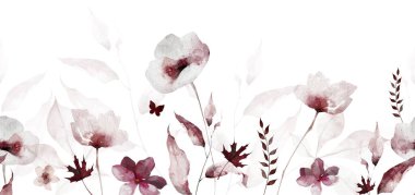 Çiçeksiz suluboya sınır çerçevesi. Pembe, kırmızı, kırmızı, kahverengi, gri gelincik çiçekleri, dallar, akçaağaç yaprakları, dallar. El çizimi tarzı illüstrasyon. Suluboya sanatsal şablon tasarımı.