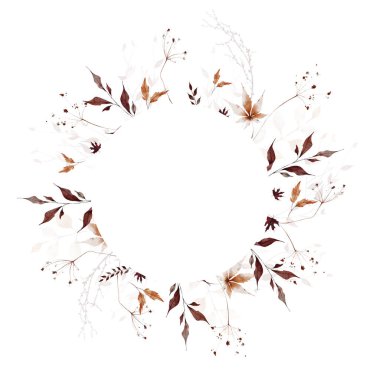 Suluboya sonbahar çiçekli yuvarlak çelenk çerçevesi. Turuncu, kahverengi, bordo, bej rengi akçaağaç yaprakları, yabani dallar, dallar. El çizimi tarzı illüstrasyon. Suluboya sanatsal şablon tasarımı.