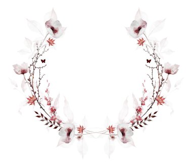 Suluboya sonbahar çiçekli simetrik çelenk çerçevesi. Pembe, bordo, gri, kırmızı gelincik çiçekleri, yapraklar, vahşi dallar, dallar suluboya sanatsal şablon tasarımı.