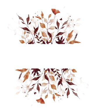 Sonbahar çiçekli dikdörtgen çerçeveli suluboya. Kahverengi, gri, bej, portakal yaprakları, yabani çiçekler, dallar, çayır dalları. El çizimi çizimi. Suluboya sanatsal şablon tasarımı.