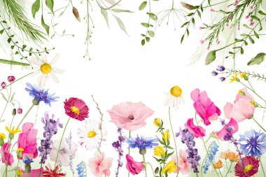 Merkezinde boşluk olan suluboya çiçek çerçevesi şablonu. Yabani çayır çiçeği, pembe, menekşe, turuncu, sarı çiçekler, yeşil dallar. El çizimi tarzı illüstrasyon. Şablon tasarımı.