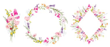 Suluboya çiçek eşkenarı, yuvarlak çelenk çerçevesi, buket seti. Çeşit çeşit pembe gelincikler, menekşe lavantası, sarı çiçekler, yeşil dallar. El çizimi tarzı illüstrasyon. Sanatsal şablon tasarımı.