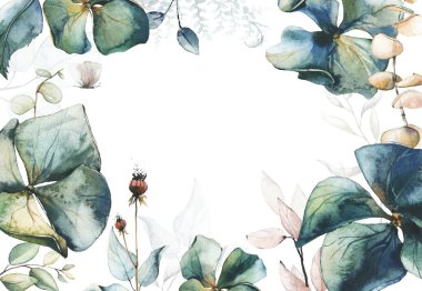 Narin pastel yeşili, mavi, pembe yapraklı ve ortanca çiçekli suluboya bir çerçeve. Merkezinde boşluk olan botanik çerçeve arkaplanı. Davetiyeler için şablon, düğün kartları tasarımı