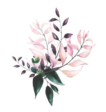 Suluboya el yeşile boyanmış, pembe, turuncu ve mor yapraklar, dallar, dal buketler. Çiçek ve yeşillik düzenlemesi. 