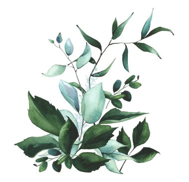 Suluboya el boyası turkuaz ve koyu yeşil okaliptüs dalları buket düzeneği. Yeşillik şablonu tasarım clipart