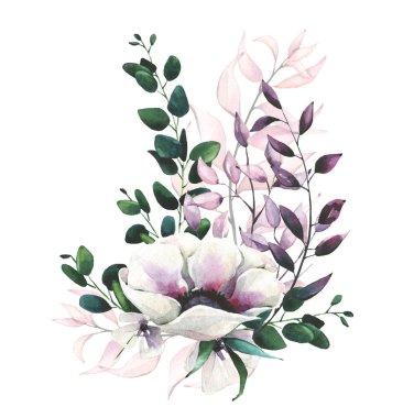 Suluboya el boyası beyaz şakayık çiçeği, yeşil dallı, mor yapraklı buket. Çiçek, yeşillik düzenlemesi Clipart tasarımı