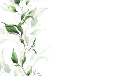 Suluboya yeşillik boyalı sınır çerçevesi şablonu. Adaçayı yeşili, bej, mavi dallar ve yapraklar. Çelenk düzenleme şablonu. 