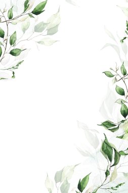 Suluboya yeşillik boyalı sınır çerçevesi şablonu. Adaçayı yeşili, bej, mavi dallar ve yapraklar. Çelenk düzenleme şablonu. 