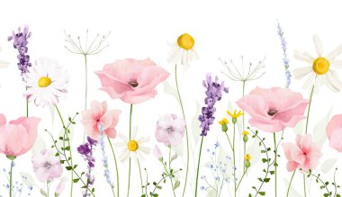Çiçeksiz suluboya sınır yatay. Meadow pastel pembe haşhaş, menekşe lavanta çiçekleri, papatyalar, yeşil dallar. El çizimi tarzı illüstrasyon. Sanatsal şablon tasarımı.