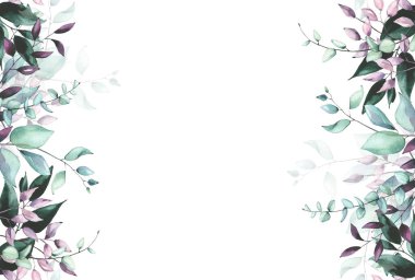 Suluboya el maviye, pembeye, turkuazlara, yeşil dallara ve kusursuz kenarlara boyanmış. Çiçek düzenleme şablonu kliması.