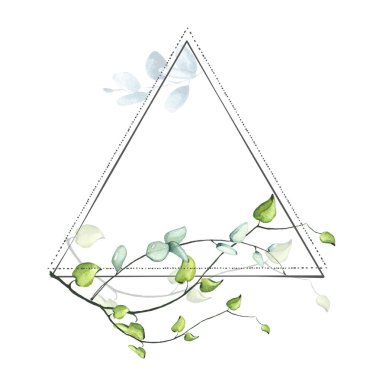 Suluboya el yeşile boyanmış, turkuaz okaliptüs dalları ve çizgi üçgen çerçeve şablonu. Çiçek düzenleme dizaynı Clipart.
