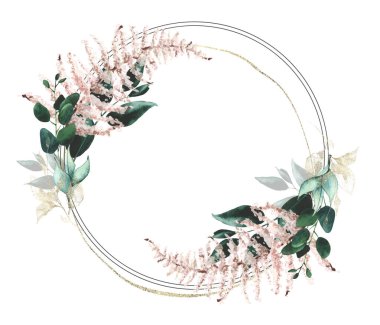 Suluboya el boyası yeşile boyanmış, turkuaz, altın ve pembe yapraklar, dallar. Çiçek düzenleme tasarımı.