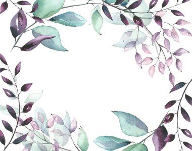 Suluboya el maviye, pembeye, turkuazlara, yeşil dallara ve ince yapraklara boyanmış. Çiçek düzenleme şablonu kliması.