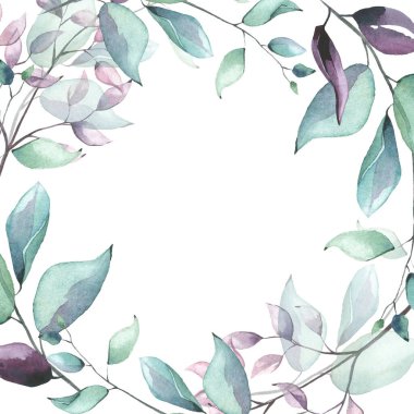 Suluboya el maviye, pembeye, turkuazlara, yeşil dallara ve yuvarlak çelenklere boyanmış. Hassas çiçekli şablon tasarımı Clipart.