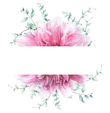 Suluboya el, narin pembe yıldız çiçeği ve hassas turkuaz okaliptüs dalları yatay çizgili çerçeve boyadı. Çiçek şablonu tasarımı clipart.