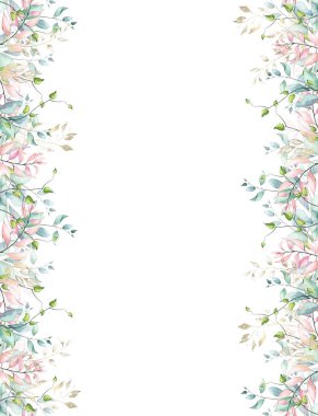 Suluboya el maviye, pembeye, turkuazlara, yeşil dallara ve kusursuz kenarlara boyanmış. Çiçek düzenleme şablonu kliması.