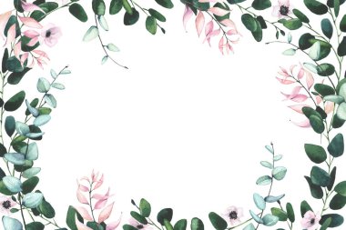 Suluboya el boyası yeşil, mavi, turkuaz okaliptüs dalı ve pembe yaprak çerçevesi. Çiçek şablonu tasarımı clipart.