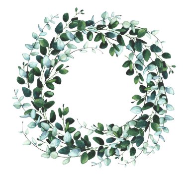 Suluboya el boyası yeşil, mavi, turkuaz okaliptüs dalları ve yaprak çerçevesi. Çiçek şablonu tasarımı clipart.