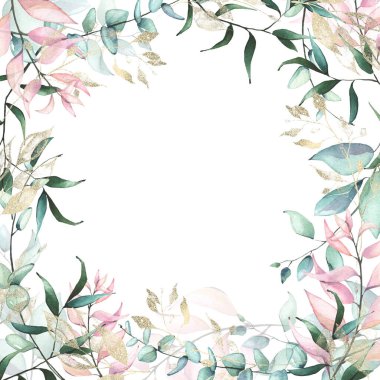 Suluboya el maviye, pembeye, turkuazlara, yeşil dallara ve yuvarlak yapraklara boyanmış. Altın doku. Hassas çiçekli şablon tasarımı Clipart.