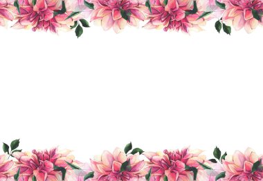 Suluboya el, parlak fırfırlı ve turuncu yıldız çiçeği ve yeşil yaprakları pürüzsüz sınır boyadı. Çiçek düzenleme şablonu Clipart.