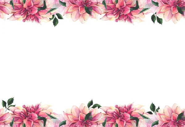 Suluboya el, parlak fırfırlı ve turuncu yıldız çiçeği ve yeşil yaprakları pürüzsüz sınır boyadı. Çiçek düzenleme şablonu Clipart.