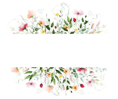 Suluboya çiçekli yatay sınır bandı çerçevesi. Meadow şeftali gelinciği, kırmızı gül, portakal, pembe çiçekler, turkuaz okaliptüs dalları, yeşil yapraklar, bitki. El çizimi çizimi. Sanatsal şablon tasarımı