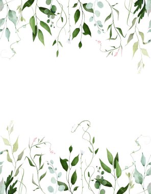 Suluboya yeşillik, pürüzsüz sınır çerçevesi. Çayır yeşili otlar, okaliptüs dalları, turkuaz yapraklar, zeytin rengi otlar, pembe çiçekler. El çizimi tarzı illüstrasyon. Sanatsal şablon tasarımı.