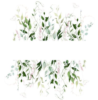 Suluboya çiçekli yatay sınır bandı çerçevesi. Çayır yeşili otlar, okaliptüs dalları, turkuaz yapraklar, zeytin rengi otlar, pembe çiçekler. El çizimi tarzı illüstrasyon. Sanatsal şablon tasarımı.