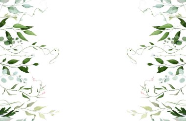 Suluboya yeşillik, pürüzsüz sınır çerçevesi. Çayır yeşili otlar, okaliptüs dalları, turkuaz yapraklar, zeytin rengi otlar, pembe çiçekler. El çizimi tarzı illüstrasyon. Sanatsal şablon tasarımı.