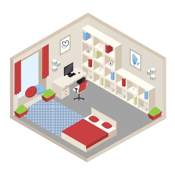 Dormitorio isométrico blanco y rojo — Vector de stock