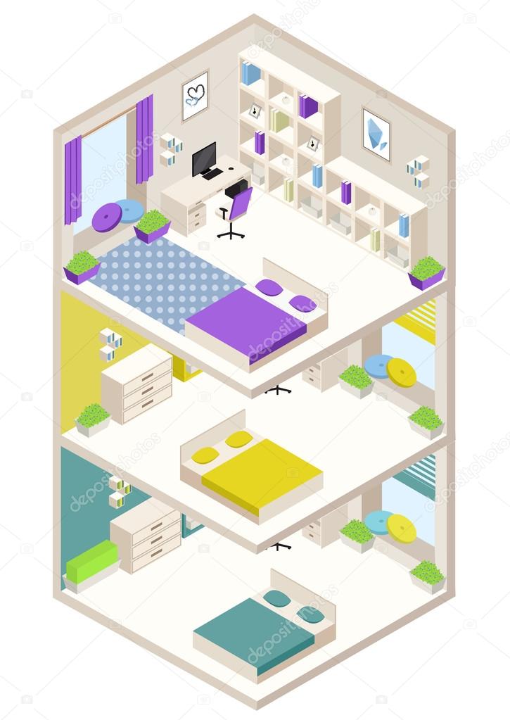 isometric multistory color bedrooms
