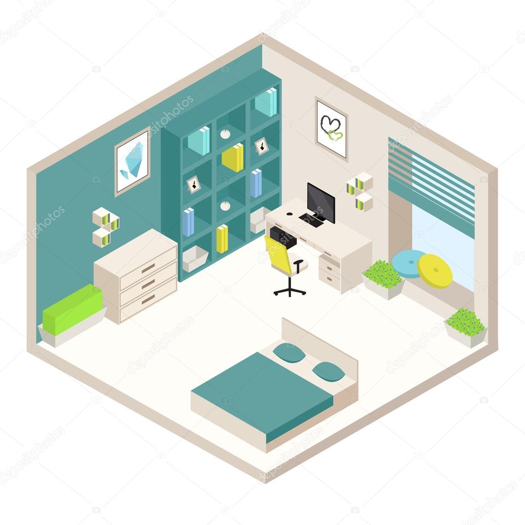 isometric white and emerald bedroom