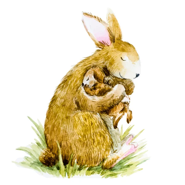 Watercolor rabbit with baby — Stock Vector