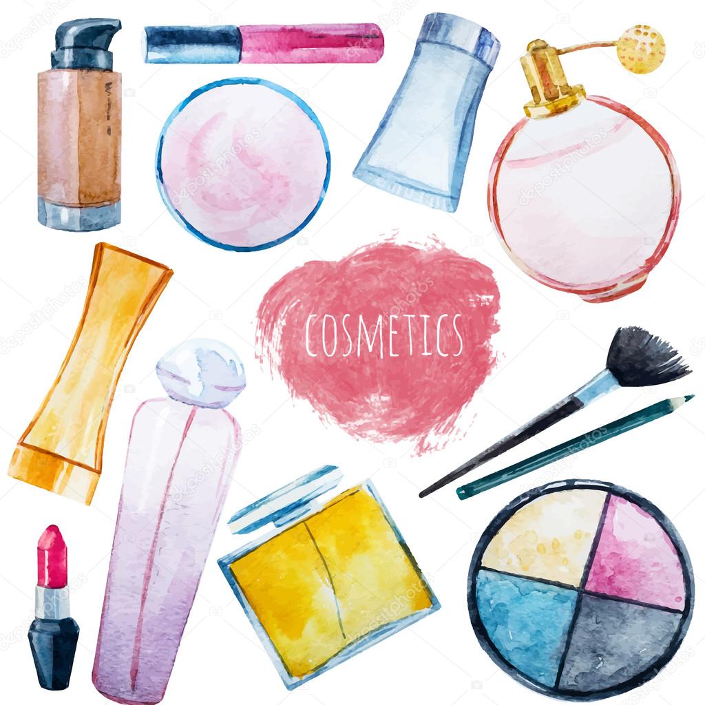 تعلمي كيف تختارين افضل مستحضر تجميل لبشرتك Depositphotos_105507932-stock-illustration-watercolor-cosmetics-set