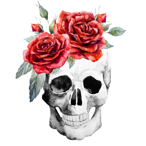 Cráneo acuarela dibujado a mano con rosas — Vector de stock