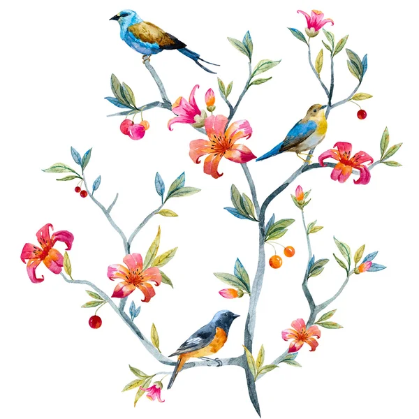 Composizione floreale con uccelli — Foto Stock