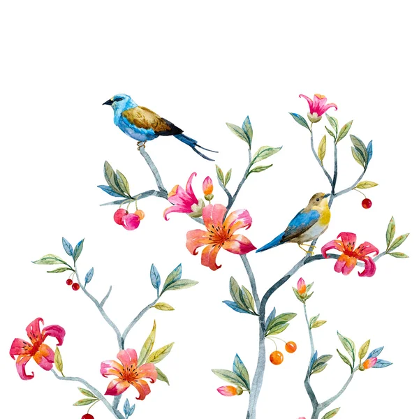 Composizione floreale con uccelli — Foto Stock