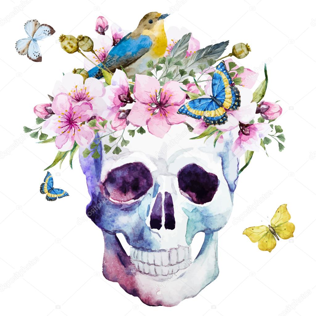 水彩头骨与花图库矢量图©ZeninaAsya 107289566, image size:1024x1024