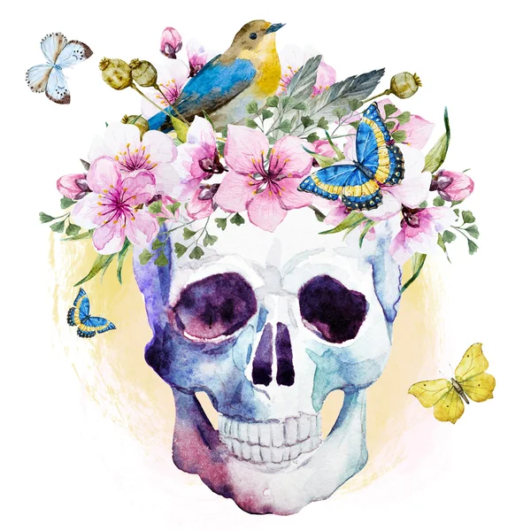 Cráneo de acuarela con flores — Foto de Stock